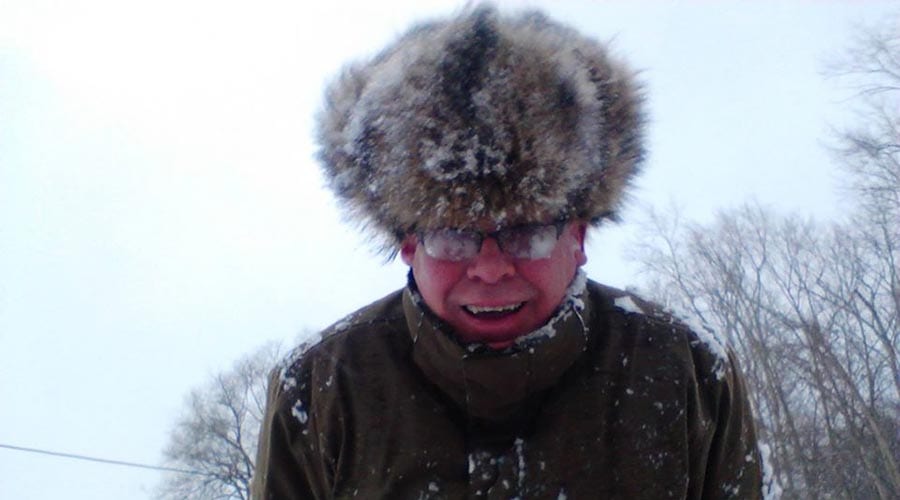 Gethin Jones wearing his Russian fur hat