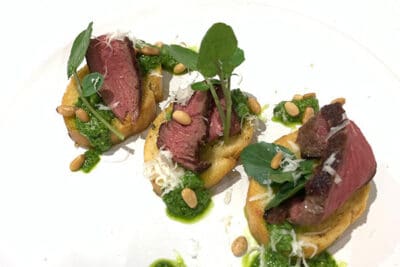 Muntjac steak with watercress pesto and garlic toast